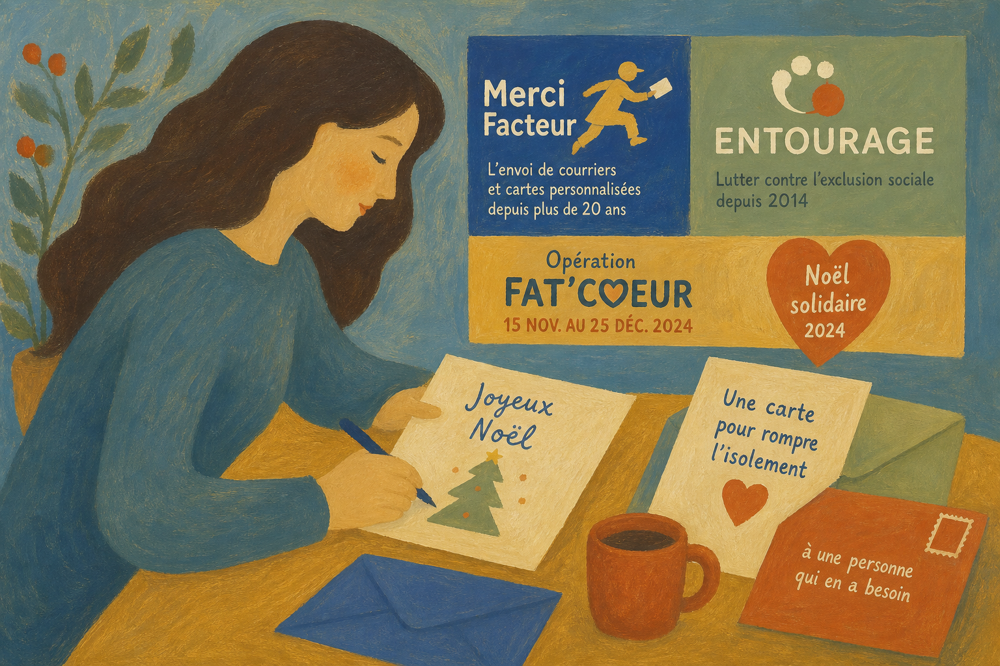 Engagez-vous avec Merci Facteur et Entourage en envoyant une carte de Noël solidaire 2024 pour lutter contre l\'exclusion sociale 