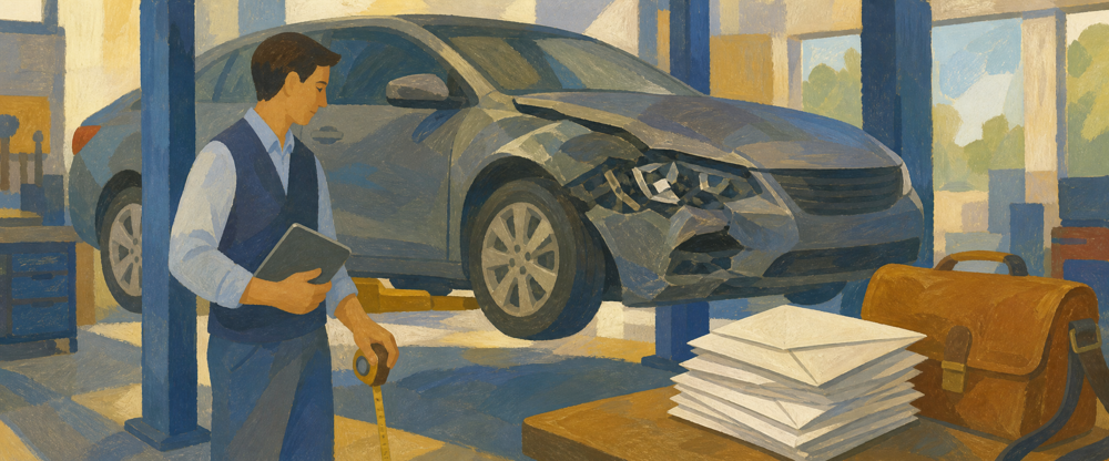 Expert en automobile devant un véhicule accidenté sur un pont élévateur, avec une pile d'enveloppes prêtes à poster