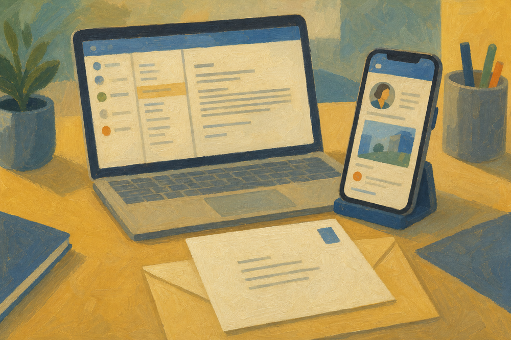 Prospection multicanale : email sur ordinateur, LinkedIn sur smartphone et courrier papier adressé sur un bureau