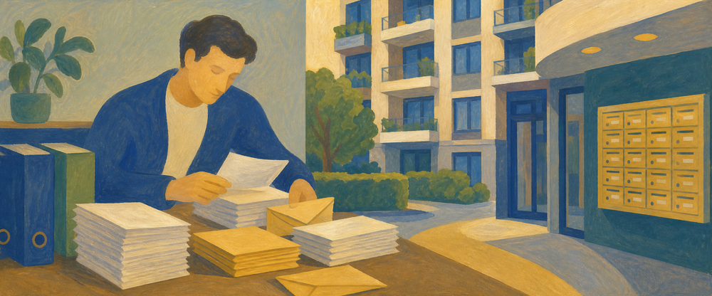 Gestionnaire de syndic de copropriété préparant les convocations et courriers de copropriété à poster