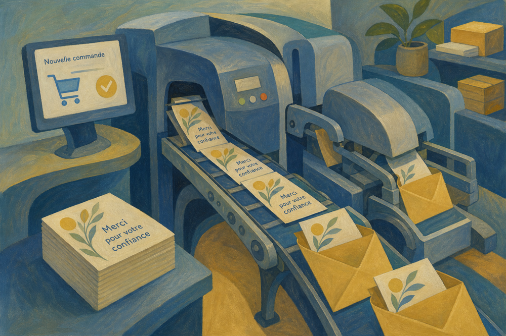 Machine d'impression et de mise sous pli automatisee qui declenche l'envoi d'une carte de bienvenue des qu'une nouvelle commande client est recue