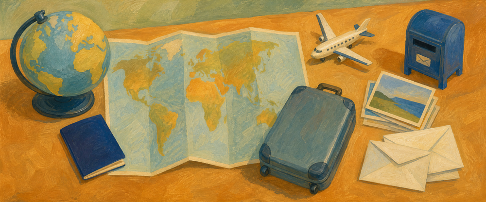 Comptoir d'agence de voyage : globe, carte du monde, passeport et valise à côté de cartes postales et d'enveloppes prêtes à poster