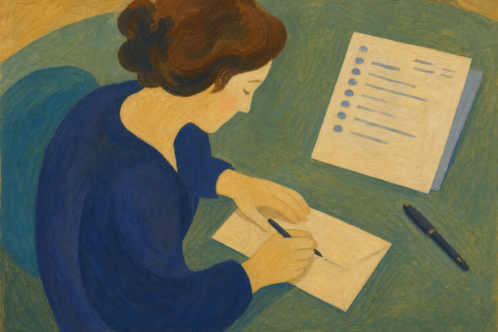 Personnalisation d'un courrier de prospection : rédaction manuscrite du nom et de l'adresse du destinataire à partir d'un listing de prospects ciblés