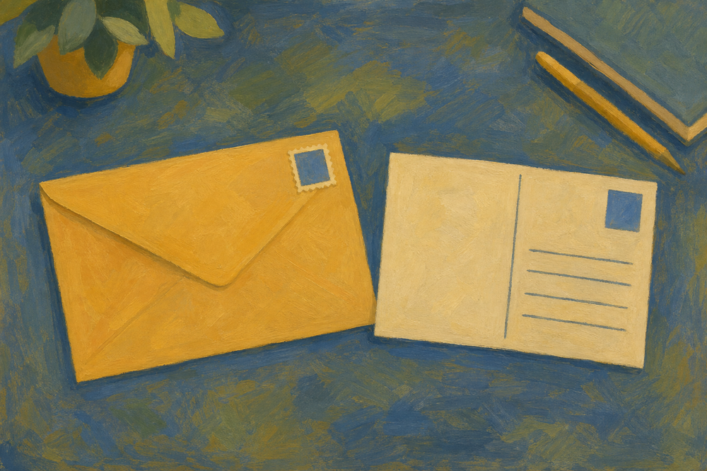 Comparaison entre une lettre sous enveloppe timbrée et une carte postale professionnelle ouverte, deux formats de courrier de prospection B2B