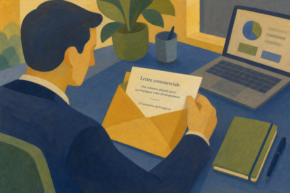 Un dirigeant ouvre une lettre commerciale de prospection posée sur son bureau