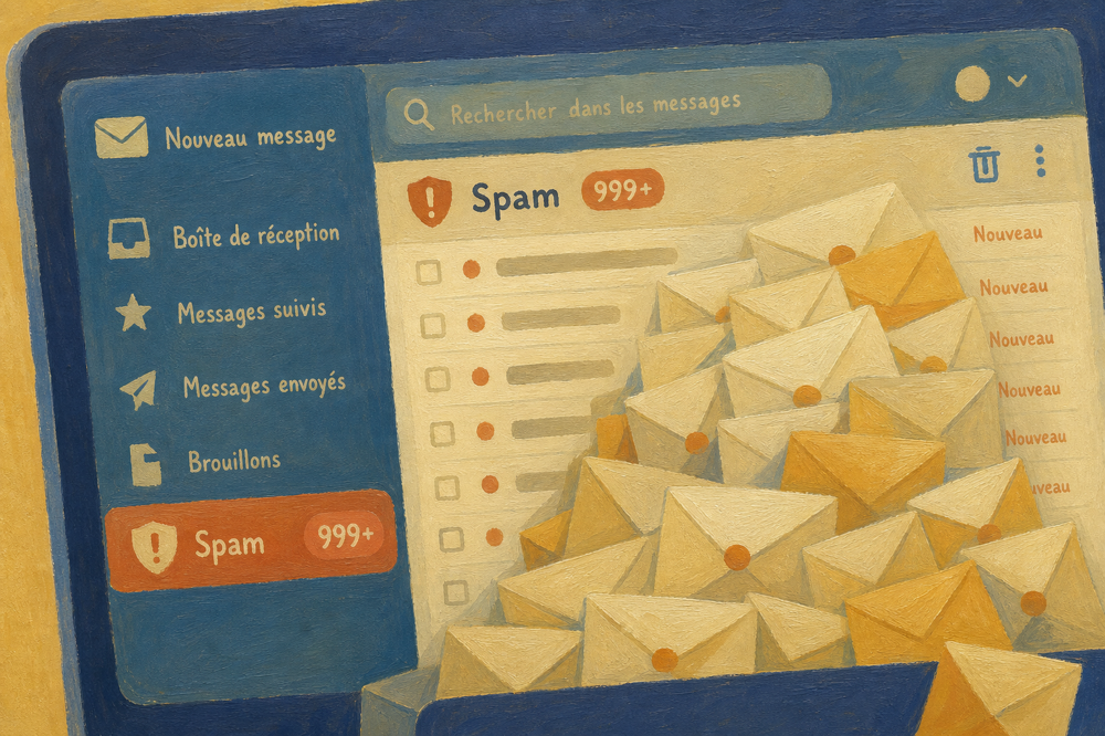 Boîte de réception email professionnelle avec un dossier spam saturé de messages, illustrant les emails de prospection B2B filtrés