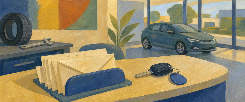 Comptoir de réception d'un atelier de concession automobile : clé de véhicule, pneu, clé à molette et pile d'enveloppes prêtes à poster