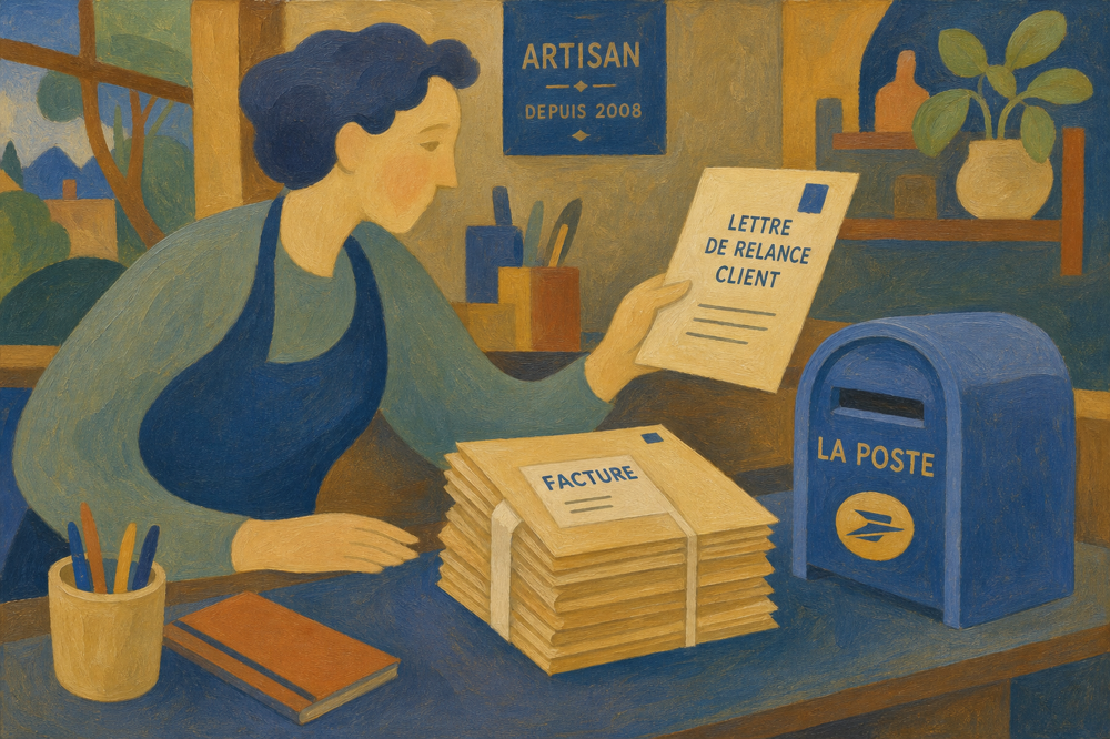Artisan préparant une lettre de relance client et une pile de factures à poster par courrier