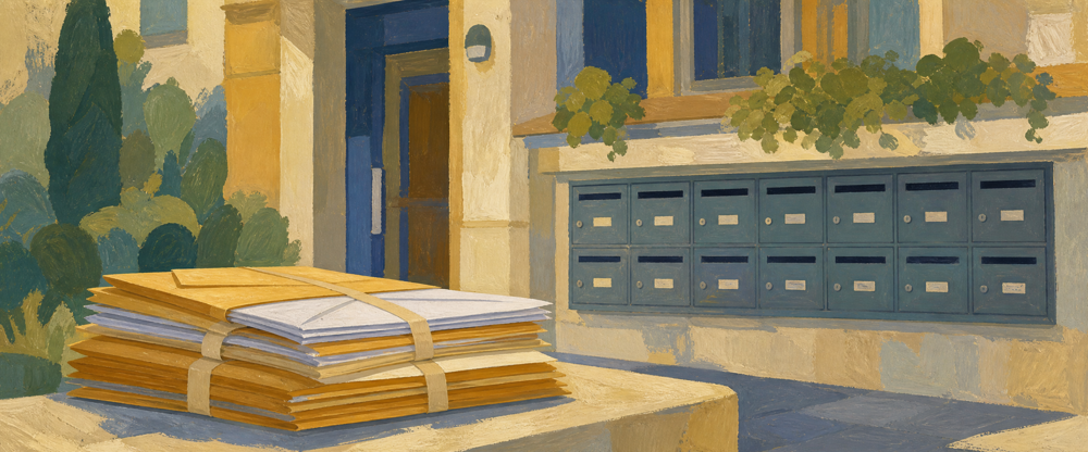 Immeuble en copropriété, boîtes aux lettres collectives et pile d'appels de fonds prêts à être postés