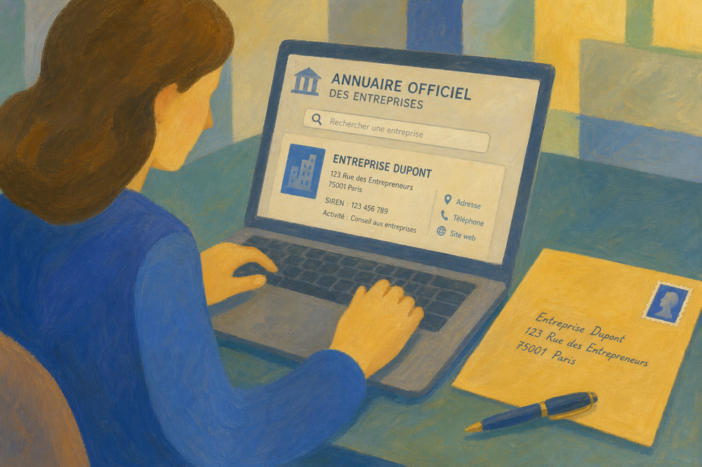 Recherche de l'adresse d'une entreprise dans l'annuaire officiel des entreprises, &agrave; c&ocirc;t&eacute; d'une enveloppe adress&eacute;e pr&ecirc;te &agrave; l'envoi