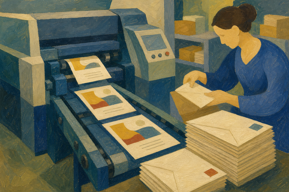 Machine d'impression et de mise sous pli automatisee produisant des cartes de relance personnalisees pretes a poster