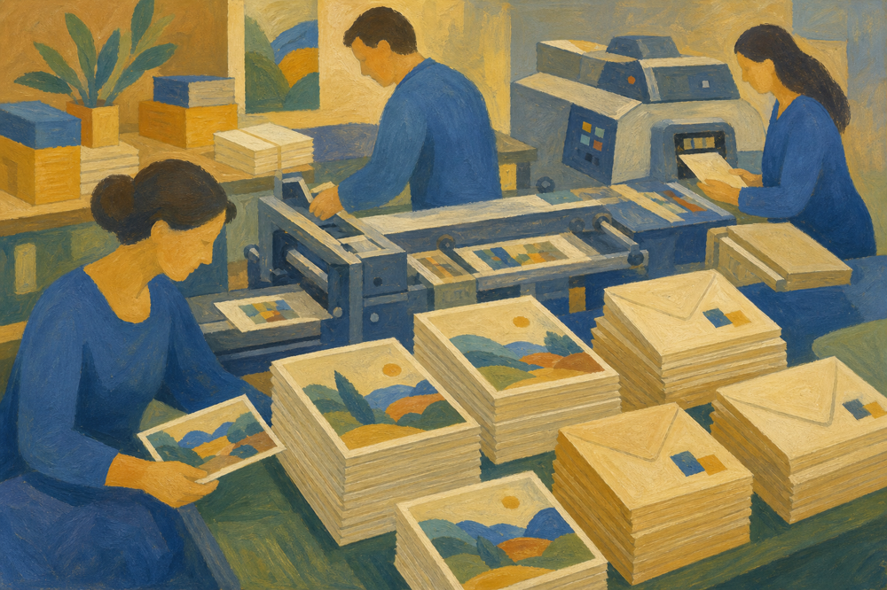 Atelier de mise sous pli de cartes postales personnalisées pour une campagne de prospection B2B, prêtes à être glissées dans leurs enveloppes