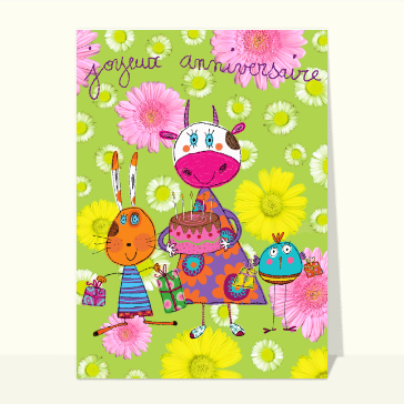 Vache joyeuse avec g&acirc;teau et fleurs