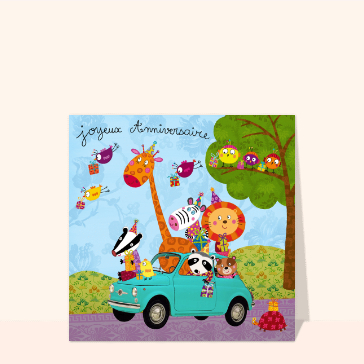 Anniversaire joyeux avec des animaux en voiture