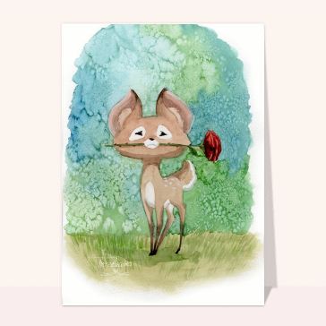 Faon mignon offrant une rose d'amour