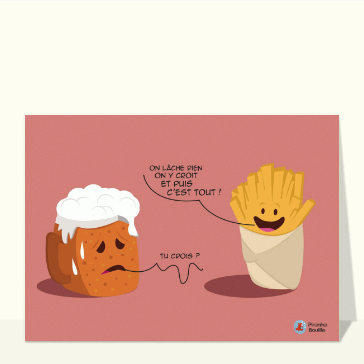 Une frite et une bi&egrave;re en conversation dr&ocirc;le