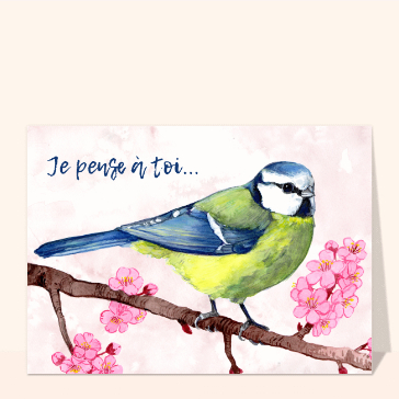 Bonjour avec un oiseau pensif et fleuri