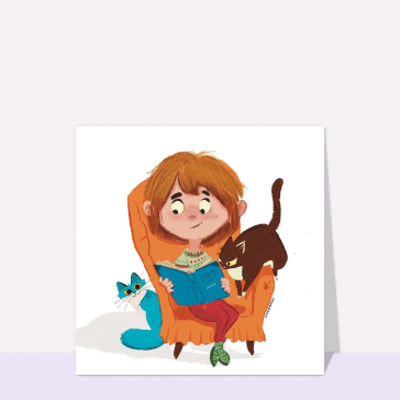 Bonjour avec un chat moqueur et un livre