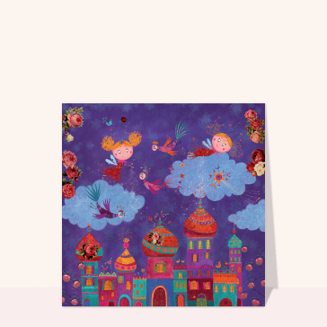 F&eacute;e joyeuse et oiseaux color&eacute;s dans un ciel enchanteur