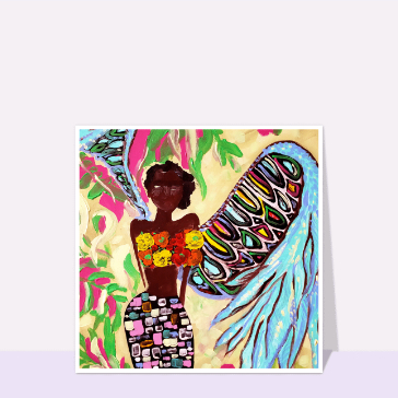 Femme aux ailes color&eacute;es et fleurs &eacute;clatantes