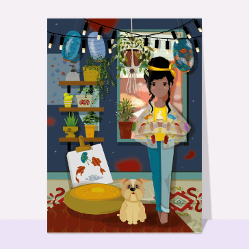 Artiste serein avec son chien dans un d&eacute;cor vibrant