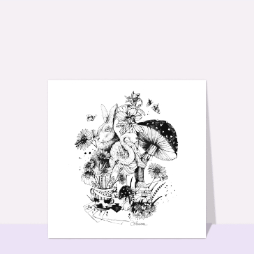 Lapin magique au milieu des fleurs et champignons