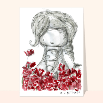 Fleurs rouges et petite poup&eacute;e &eacute;mue