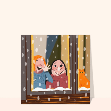 Neige et sourires &agrave; travers la fen&ecirc;tre