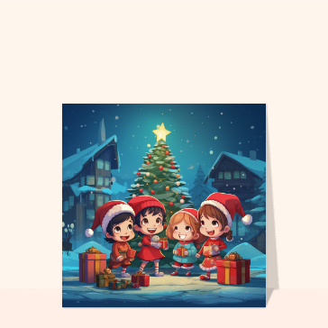 Enfants &eacute;merveill&eacute;s autour d'un sapin de No&euml;l