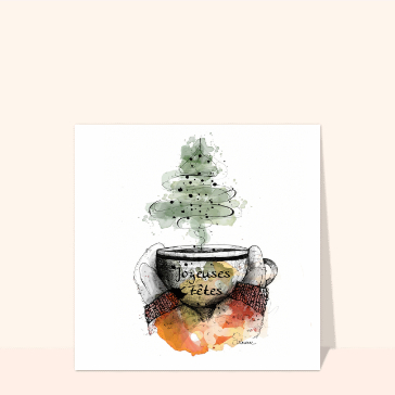 Joyeuses f&ecirc;tes avec tasse et sapin stylis&eacute;