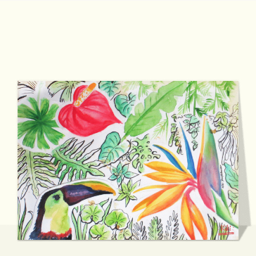 Toucan &eacute;clatant parmi les fleurs tropicales