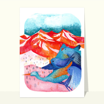 Vol d'oiseaux color&eacute;s au-dessus des montagnes