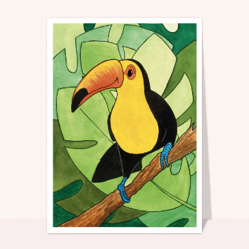 Toucan souriant sur fond tropical vibrant
