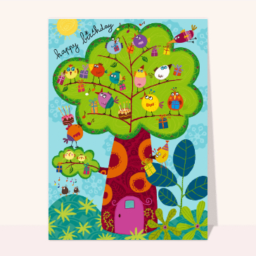 Carte joyeux anniversaire en plusieurs langues : Happy Birthday l`arbre aux oiseaux