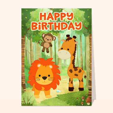 Carte joyeux anniversaire en plusieurs langues : Happy birthday petit lion de la jungle