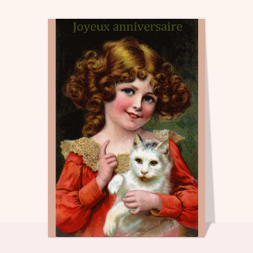 carte anniversaire ancienne : Petite fille avec son chat Joyeux anniversaire