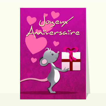 Carte anniversaire animaux : Petite souris et cadeau