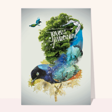Carte anniversaire animaux : Anniversaire avec des oiseaux et des arbres