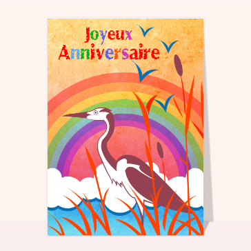 Carte anniversaire animaux : Joyeux anniversaire heron et arc en ciel