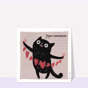 Carte anniversaire chat : Joyeux anniversaire guirlande de coeurs