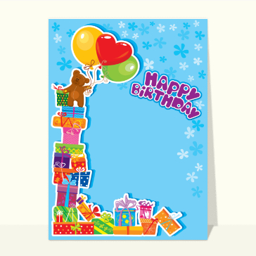 Carte anniversaire enfant : Nounours sur un tas de cadeaux