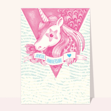 Carte anniversaire enfant : Joyeux anniversaire licorne rose