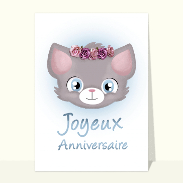 Carte anniversaire enfant : Carte anniversaire chat avec couronne de fleur