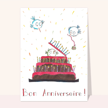 Carte anniversaire enfant : Les oisillons et le gâteau d`anniversaire