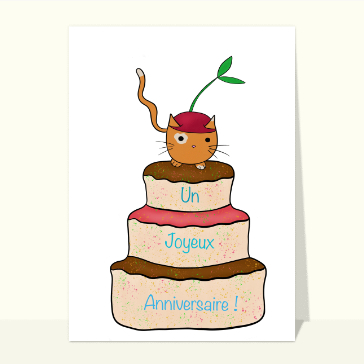 Carte anniversaire enfant : Un joyeux anniversaire petit chat sur un gâteau