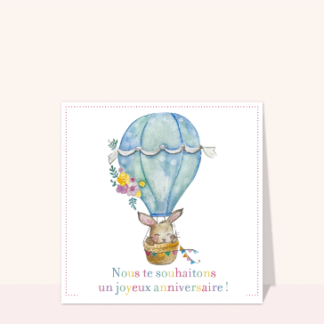 Carte Joyeux anniversaire petit lapin en montgolfière