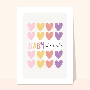 Carte Baby girl et coeurs colorés
