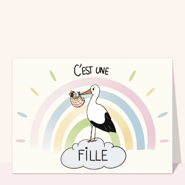 Cigogne et arc-en-ciel pour une fille Faire-part naissance fille