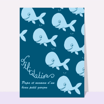 Carte de félicitations de naissance : Des baleines pour un petit garçon heureux