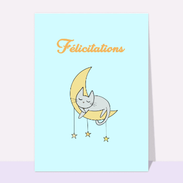 Carte félicitations naissance garçon un petit chat qui rêve sous la lune